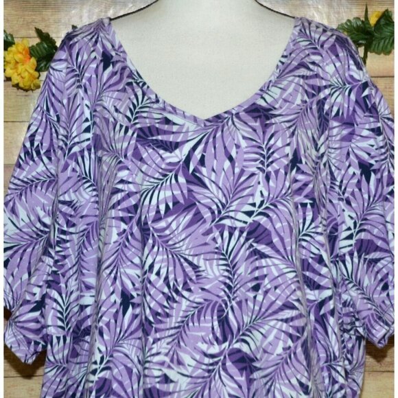 Catherines Easy Fit Tees Tunic Top Size 4X Short Sleeve V-Neck Purple Leaves - Picture 2 of 10